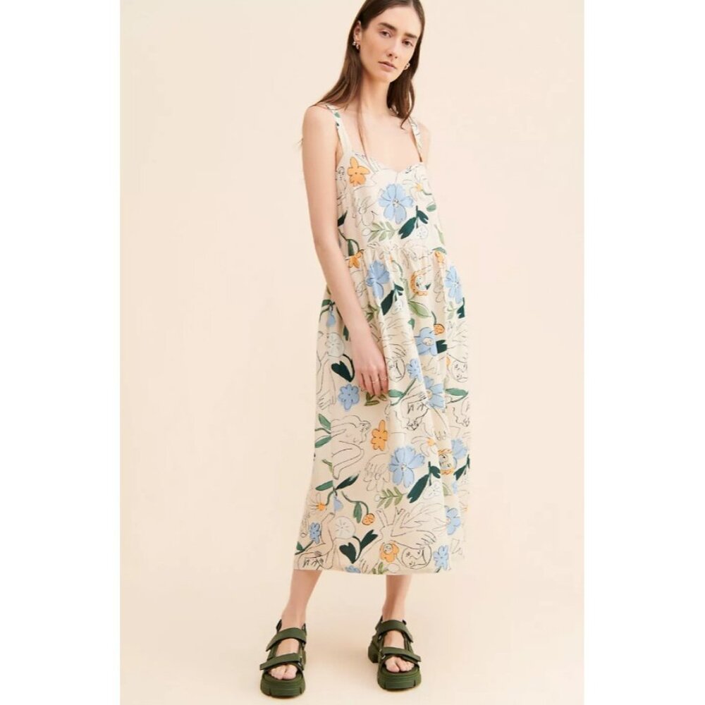 Eve Gravel Lily Midi Dress Linen Blend Sleeveless‎ Sweetheart Neck Floral Small